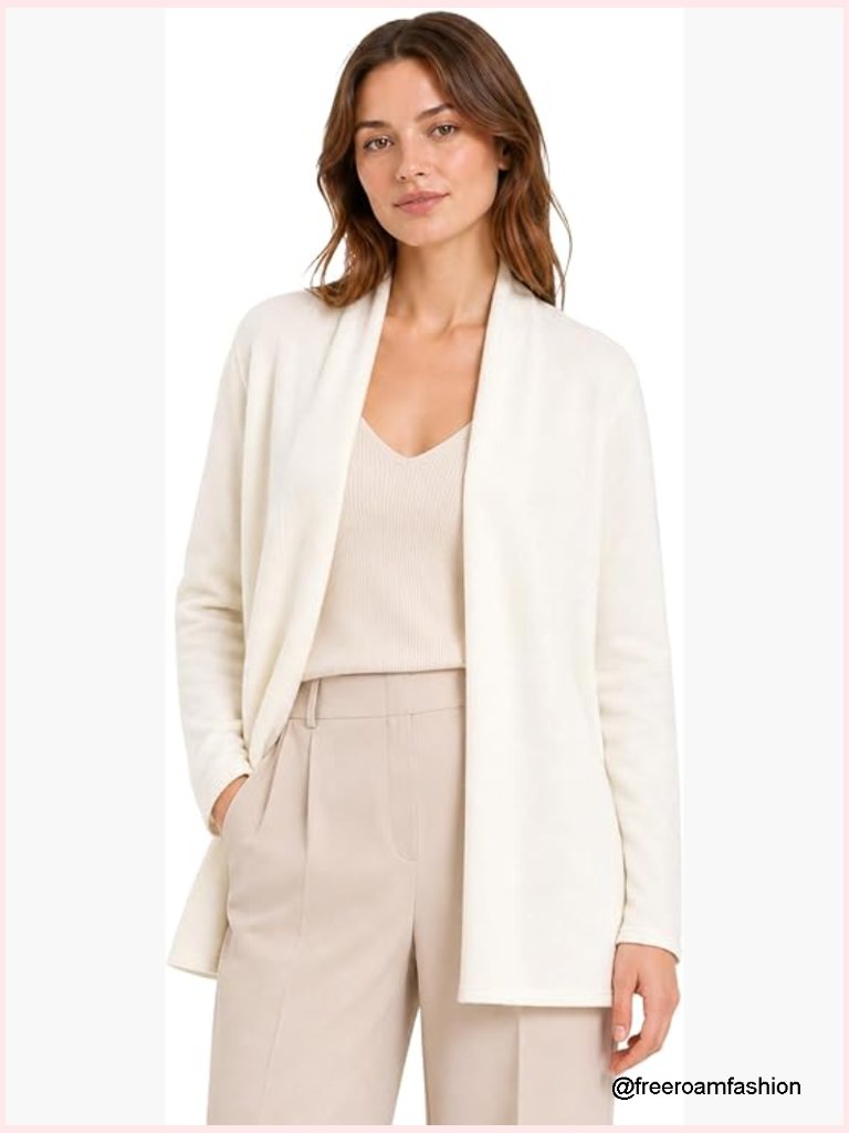Lightweight Cashmere Cardigan Crew Neck Long Sleeve Ivory Solid Womens